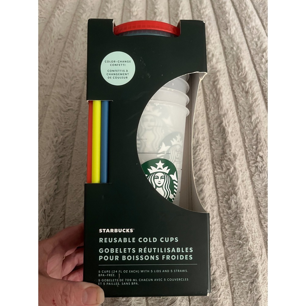 Starbucks Color Change Confetti Reusable Cold Cups 24oz 5-Pack Set Lids Straws